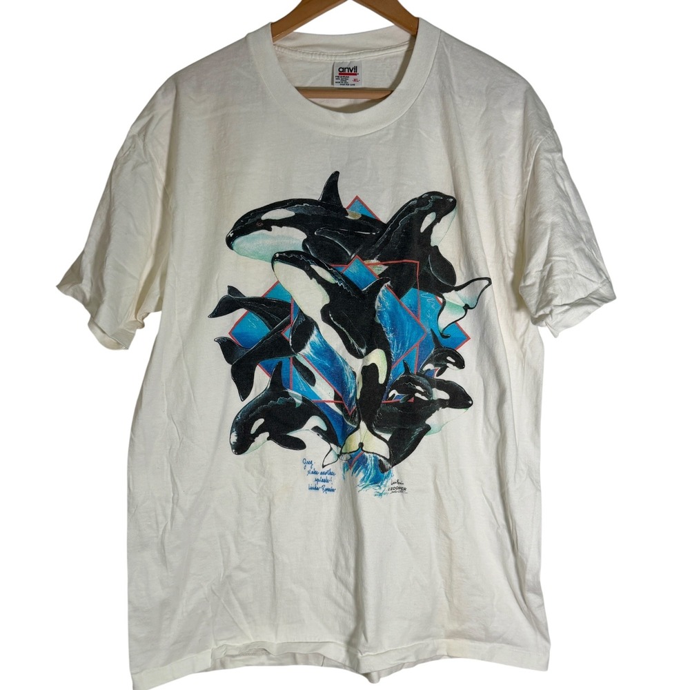 Vintage 90s Anvil Men's Zooper Linda Rossin Killer Whale T Shirt Signed White XL